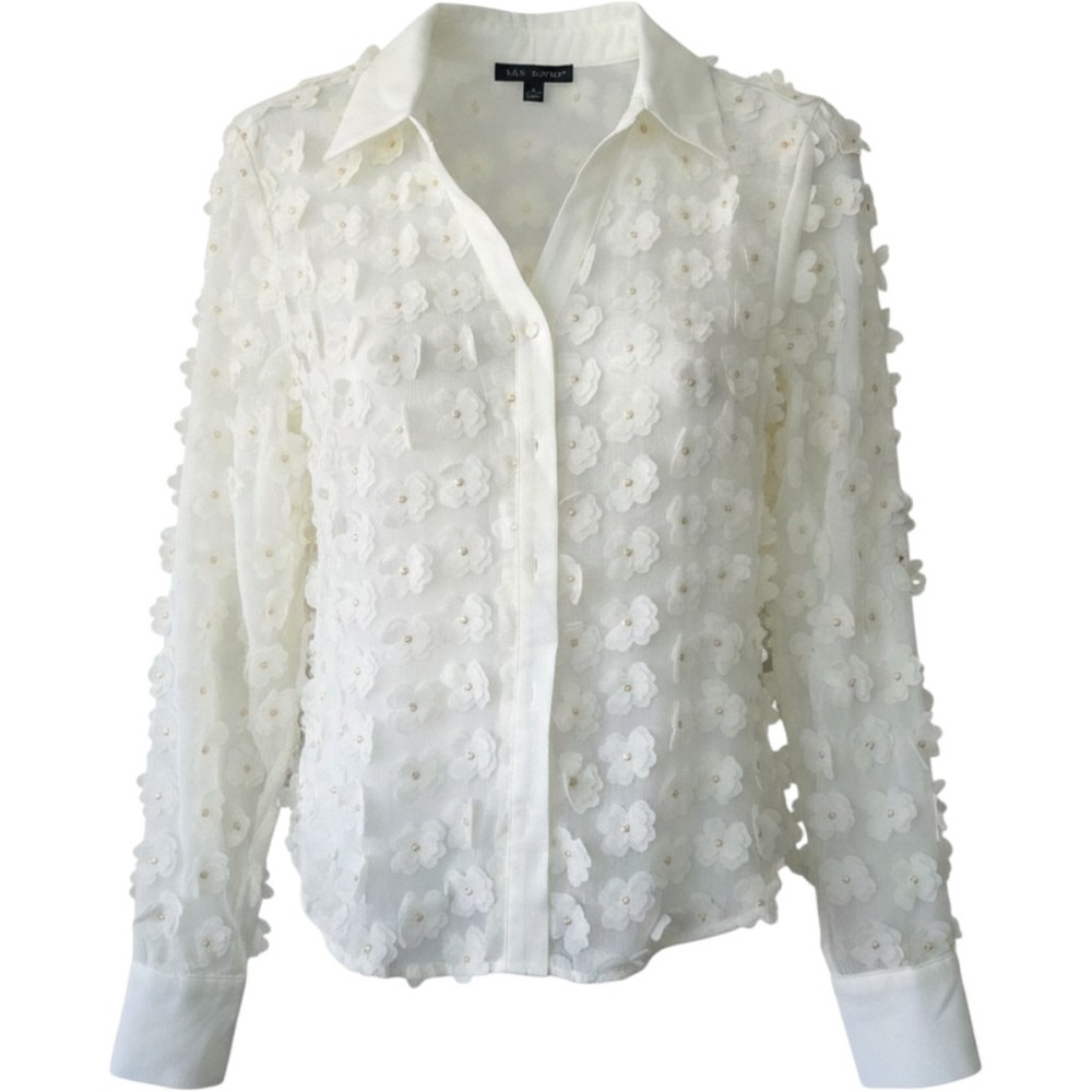 Adrianna Papell Blouse Womens Large Ivory Excellent 3D Floral Applique Sheer Top